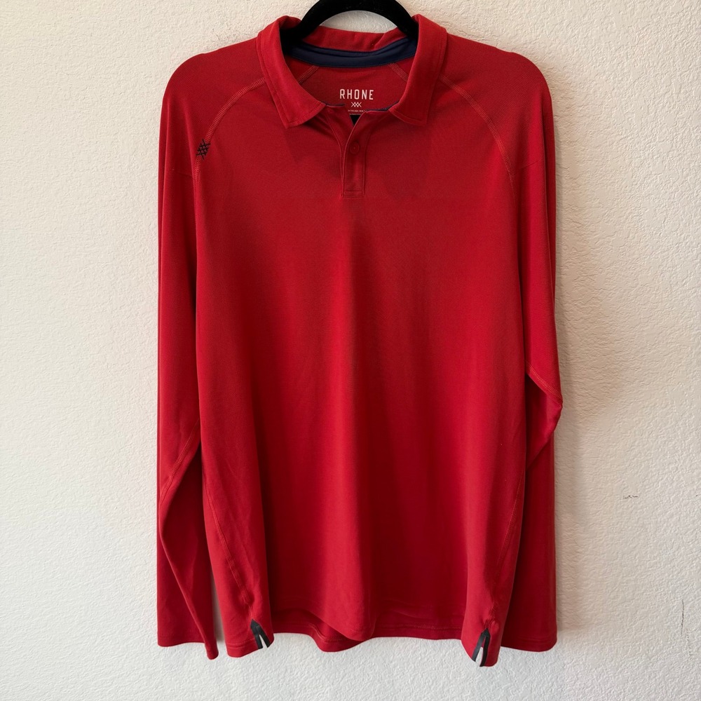 Rhone Mens Red Long Sleeve Performance Polo Shirt Large Activewear Golf Training